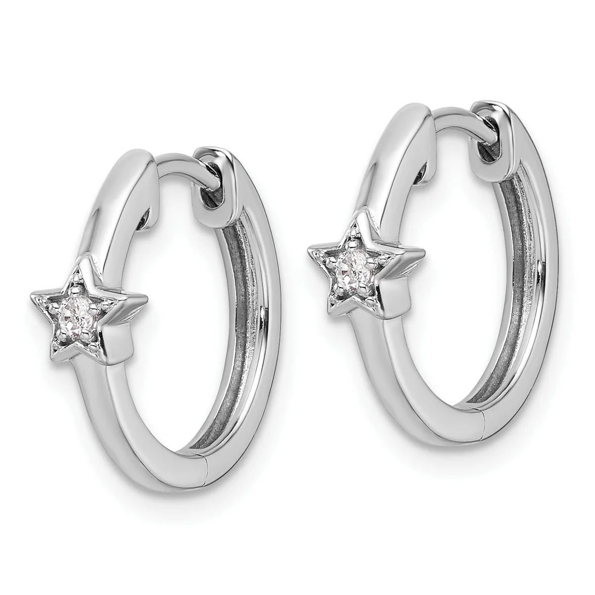 Pair of silver hoop earrings with star-shaped diamond charms attached, shown from the front against a white background.