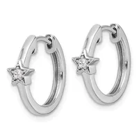 Pair of silver hoop earrings with star-shaped diamond charms attached, shown from the front against a white background.