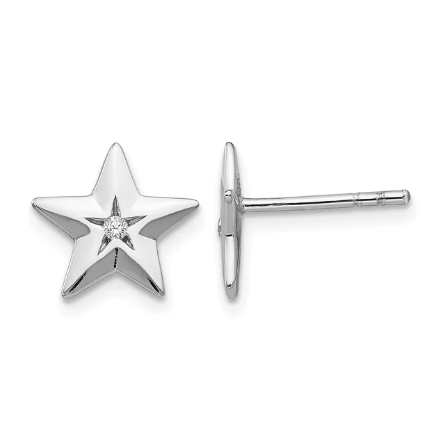 Pair of silver star stud earrings with a small diamond in the center of each star, shown from front and side views.