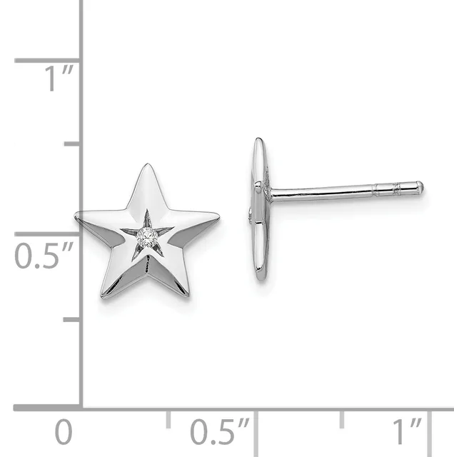A pair of silver star stud earrings with diamond accents shown next to a ruler indicating they are approximately 0.5 inches tall and 1 inch wide.