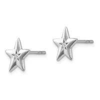 Pair of polished silver star-shaped stud earrings with small diamond accents in the center, shown from the front.