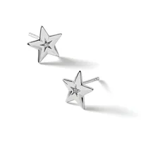 A pair of silver star-shaped stud earrings with small diamonds at the centers, shown from different angles against a white background.
