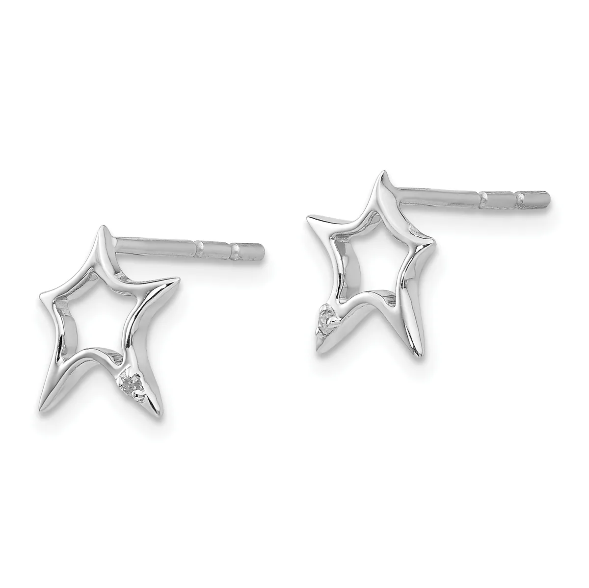 A pair of silver star-shaped stud earrings with small diamond accents at the bottom point, shown from the front against a white background.