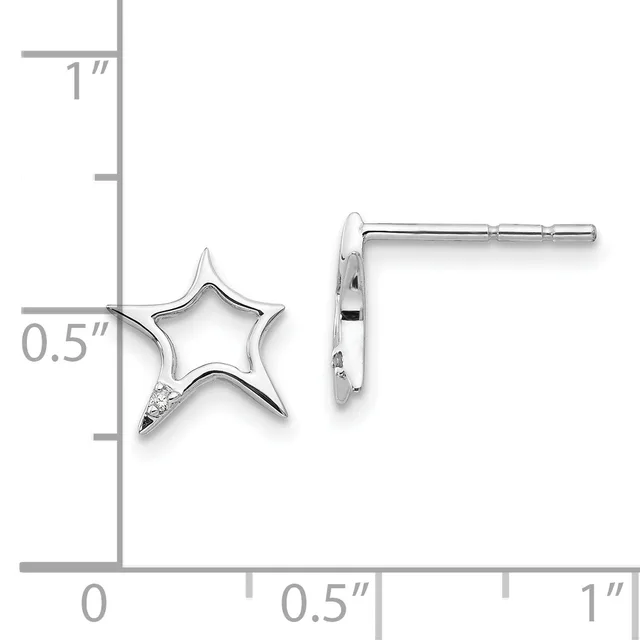 Pair of silver star-shaped stud earrings with open centers and small diamond accents, shown front and side view with measurement scale indicating approximately 0.5 inches in height.