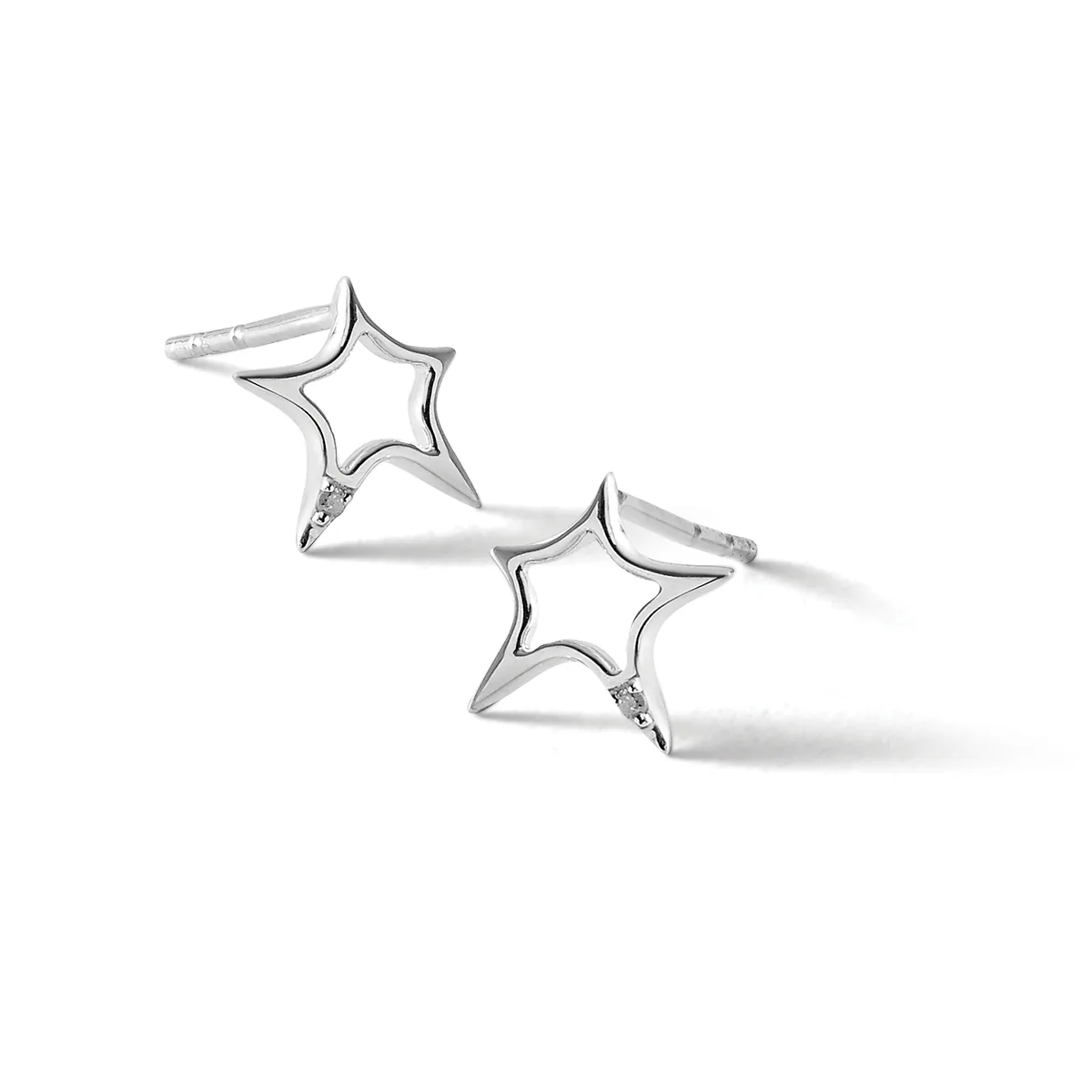 Pair of silver star-shaped stud earrings with open outlines and small posts, displayed against a white background.