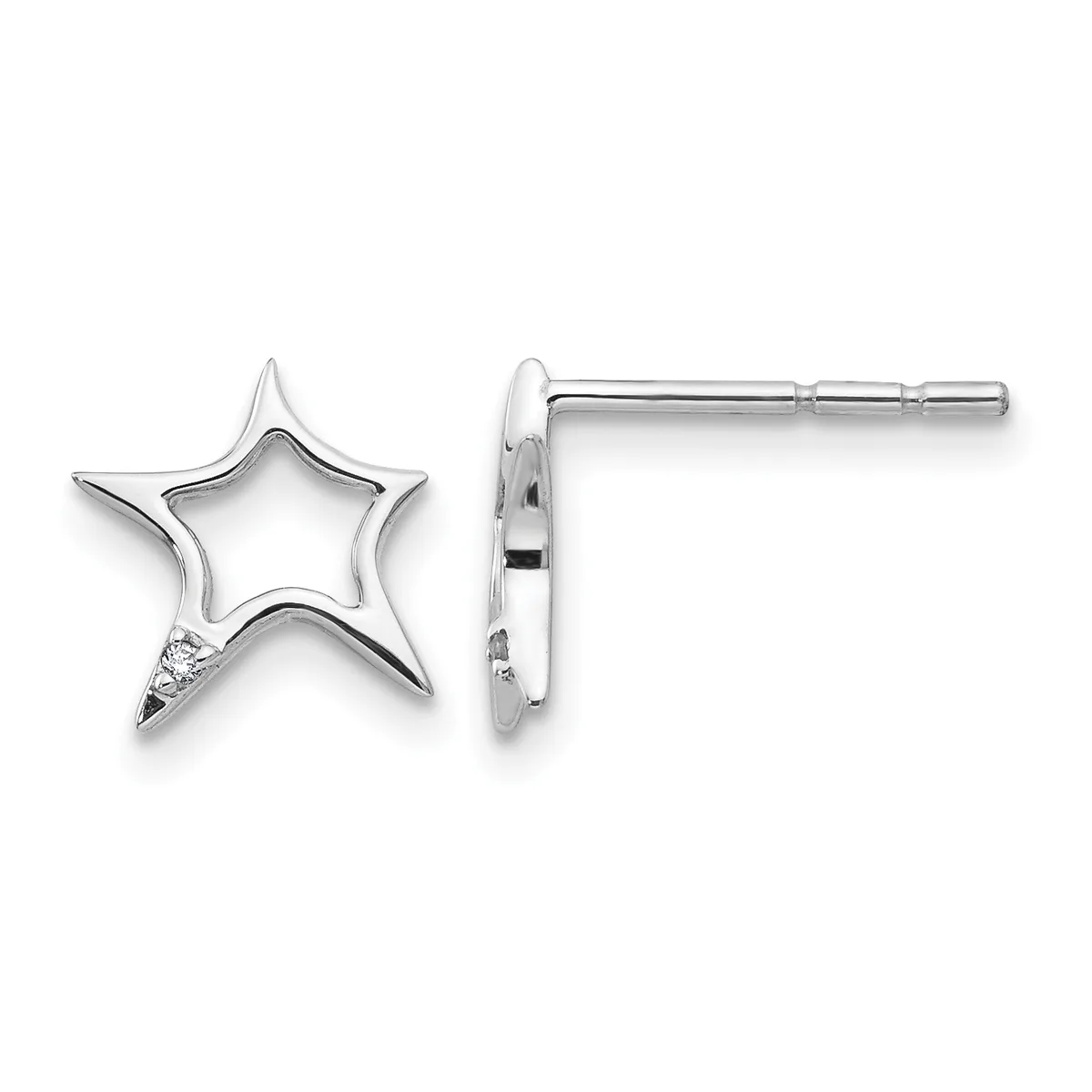 Pair of silver star-shaped stud earrings with open centers and posts, shown from front and side views.