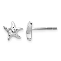 A pair of silver starfish-shaped stud earrings with small diamond accents at the center, shown from front and back views.