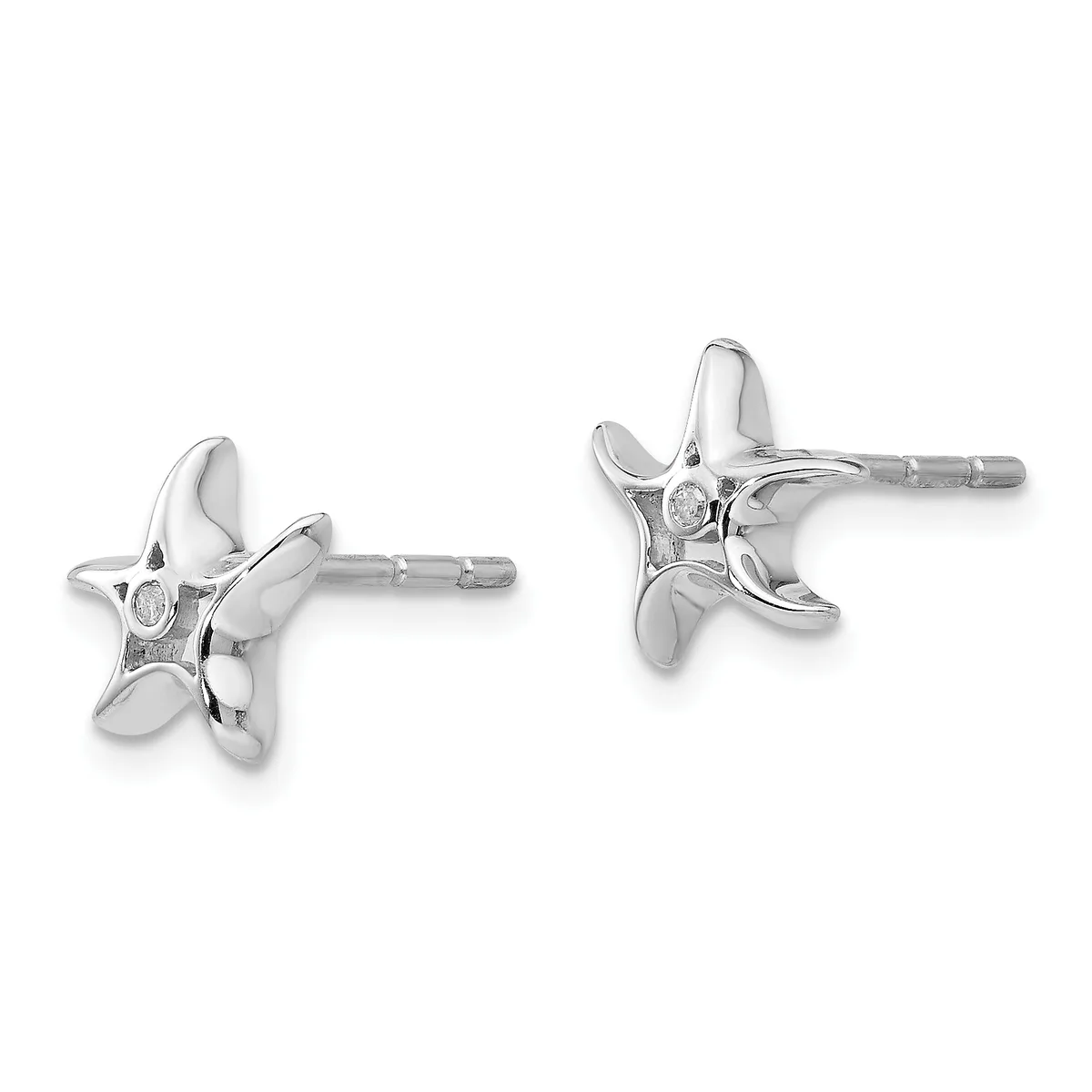 Pair of silver star-shaped stud earrings with small round diamonds at the center, shown from front and back views.