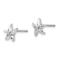 Pair of silver star-shaped stud earrings with small round diamonds at the center, shown from front and back views.