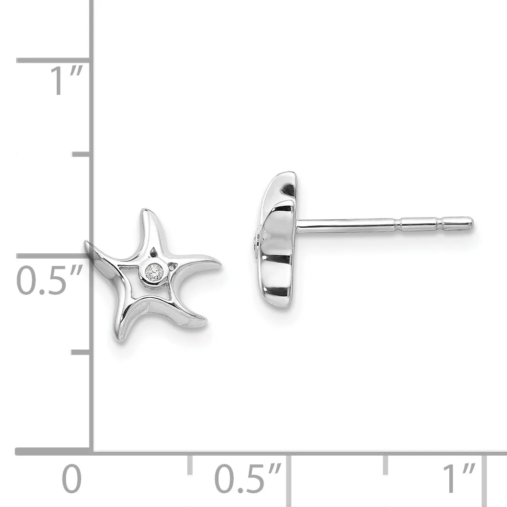 Pair of silver starfish stud earrings with small diamond centers, shown front and side view with measurement scale indicating approximately 0.5 inches in height.