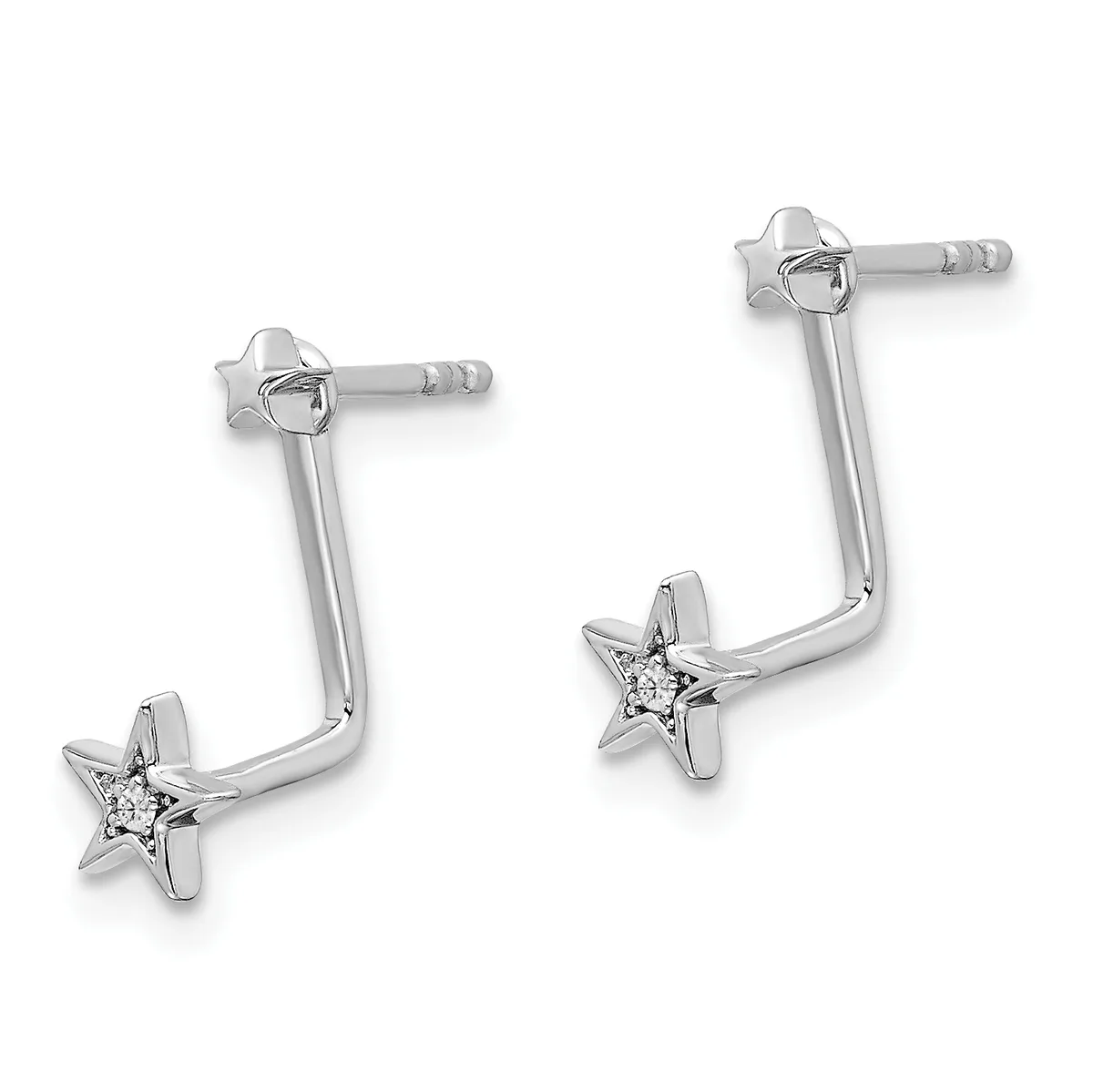 Pair of silver star-shaped stud earrings with diamond accents connected to curved bar posts, shown from the front.