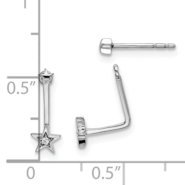 Three views of silver star earrings with diamond centers, shown at actual size with measurement scale indicating 0.5 inch length.
