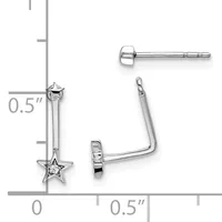 Three views of silver star earrings with diamond centers, shown at actual size with measurement scale indicating 0.5 inch length.