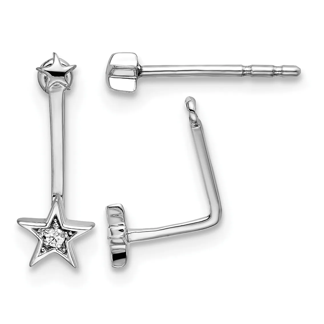 Pair of silver-tone star drop earrings with cubic zirconia centers, shown from front and back views with post and clutch backings.