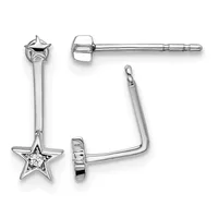 Pair of silver-tone star drop earrings with cubic zirconia centers, shown from front and back views with post and clutch backings.