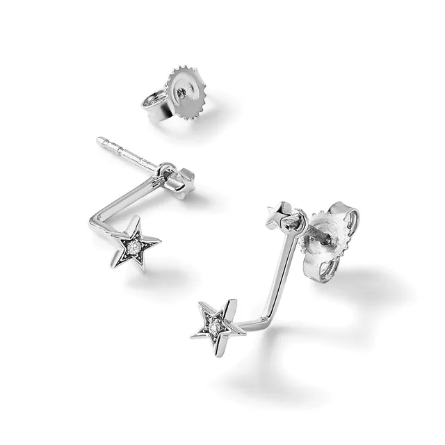Three silver stud earrings with star charms displayed on a white background, showing front and back views with posts and butterfly backs visible.