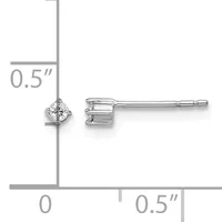 A pair of diamond stud earrings with four-prong settings shown at actual size on a measurement scale, indicating approximately 0.5 inches in length.