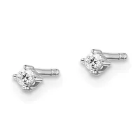 Pair of silver stud earrings with round brilliant-cut diamond solitaires in four-prong settings.
