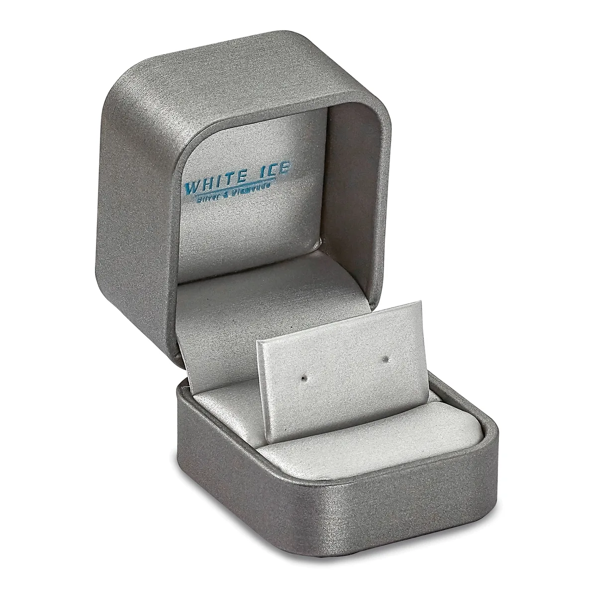An open gray leatherette jewelry box with a white interior compartment displaying a pair of stud earrings on a white insert.