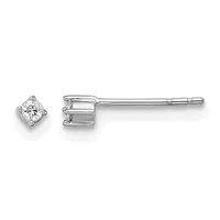 A pair of silver stud earrings with square diamond settings and thin posts, displayed against a white background.