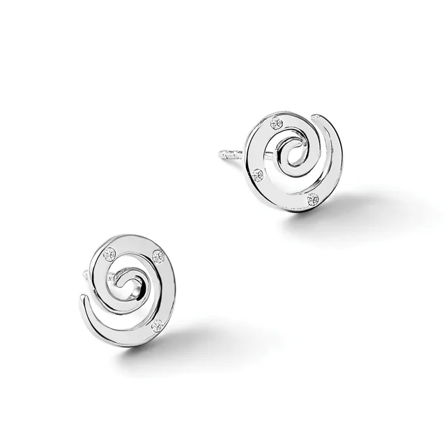 A pair of silver stud earrings featuring concentric spiral designs with small diamond accents, shown from two angles against a white background.
