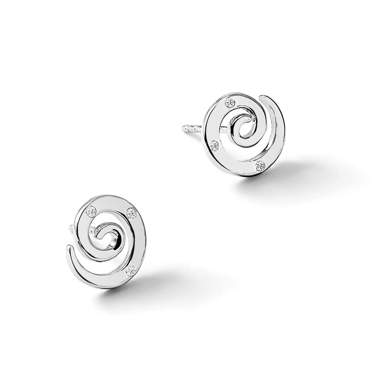 A pair of silver stud earrings featuring concentric spiral designs with small diamond accents, shown from two angles against a white background.