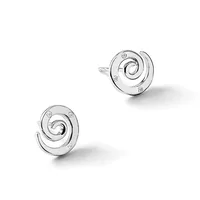 A pair of silver stud earrings featuring concentric spiral designs with small diamond accents, shown from two angles against a white background.