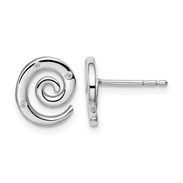 Pair of silver spiral stud earrings with small diamond accents, shown from front and side view.