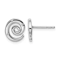Pair of silver spiral stud earrings with small diamond accents, shown from front and side view.