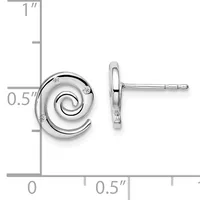 Silver spiral stud earrings with small diamond accents, shown front and side view with a measurement scale indicating approximately 0.5 inches in diameter.