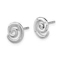 A pair of silver spiral stud earrings with small diamond accents, shown from the front against a white background.