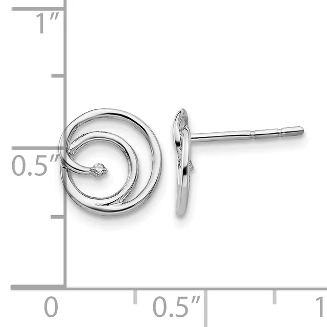 Silver spiral stud earrings with a small diamond accent, shown with a measurement scale indicating approximately 0.5 inches in height.