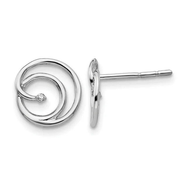 Pair of silver spiral stud earrings with small diamonds, shown from front and side views against a white background.