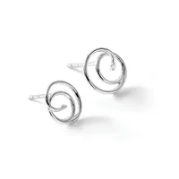 A pair of silver stud earrings featuring concentric circular designs with small diamonds set within spiral elements.