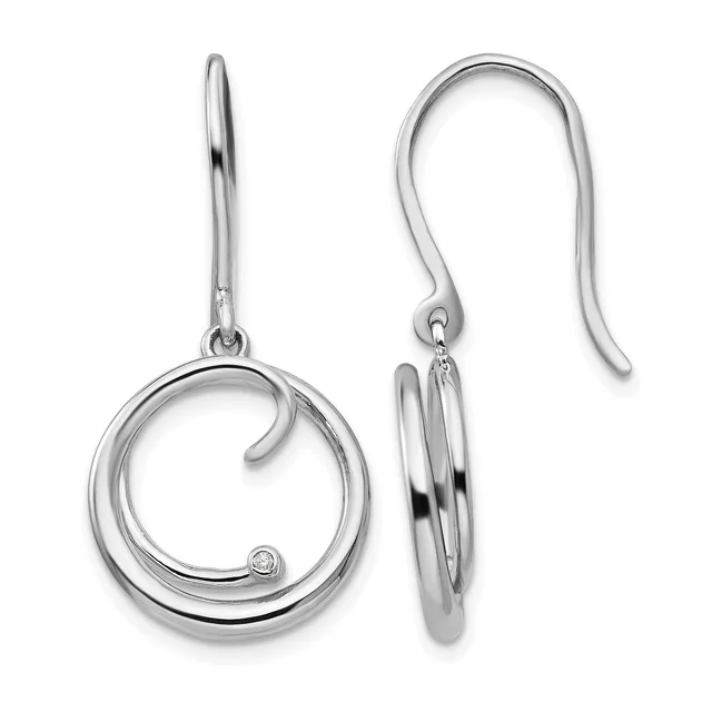 A pair of silver dangle earrings with circular spiral designs and small diamond accents, shown from front and side views with hook closures.