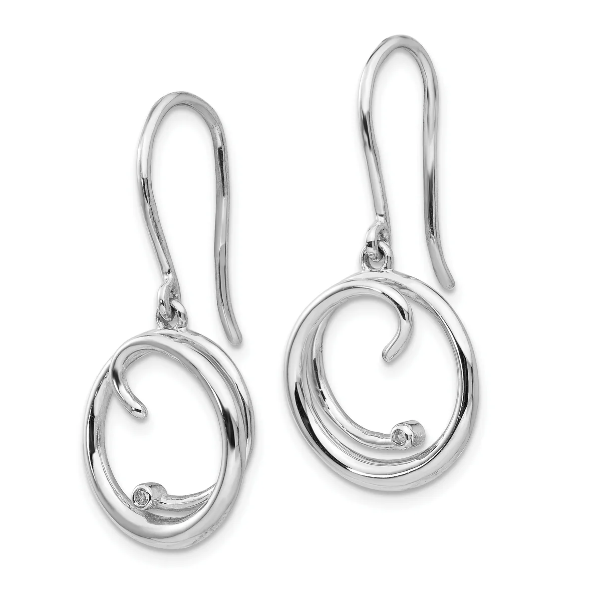 A pair of silver dangle earrings with oval loops and small diamond accents, suspended from curved ear wires.