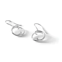 A pair of silver drop earrings with circular loops and small diamond studs, shown on a white background with soft shadows.