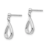 A pair of silver teardrop dangle earrings with polished finishes, suspended from ball studs with small connector links.