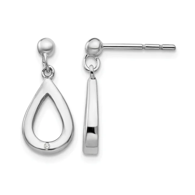 Pair of silver teardrop-shaped dangle earrings with ball studs, each featuring a small diamond accent at the bottom of the teardrop, shown from front and back views.