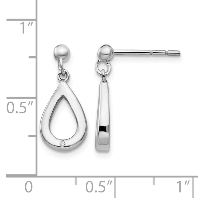 A pair of silver teardrop earrings with ball posts and small diamond accents, shown front and side view against a measurement scale.