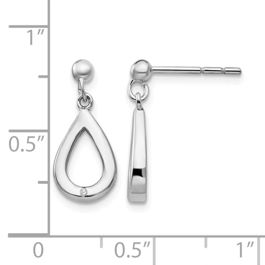A pair of silver teardrop earrings with ball posts and small diamond accents, shown front and side view against a measurement scale.