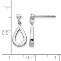 A pair of silver teardrop earrings with ball posts and small diamond accents, shown front and side view against a measurement scale.