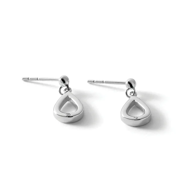Pair of silver teardrop earrings with polished finish and small ball posts, shown against a white background.