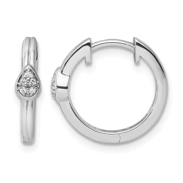 Pair of silver huggie hoop earrings with teardrop-shaped diamond-set bezels, shown from front and side views.