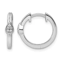 Pair of silver huggie hoop earrings with teardrop-shaped diamond-set bezels, shown from front and side views.