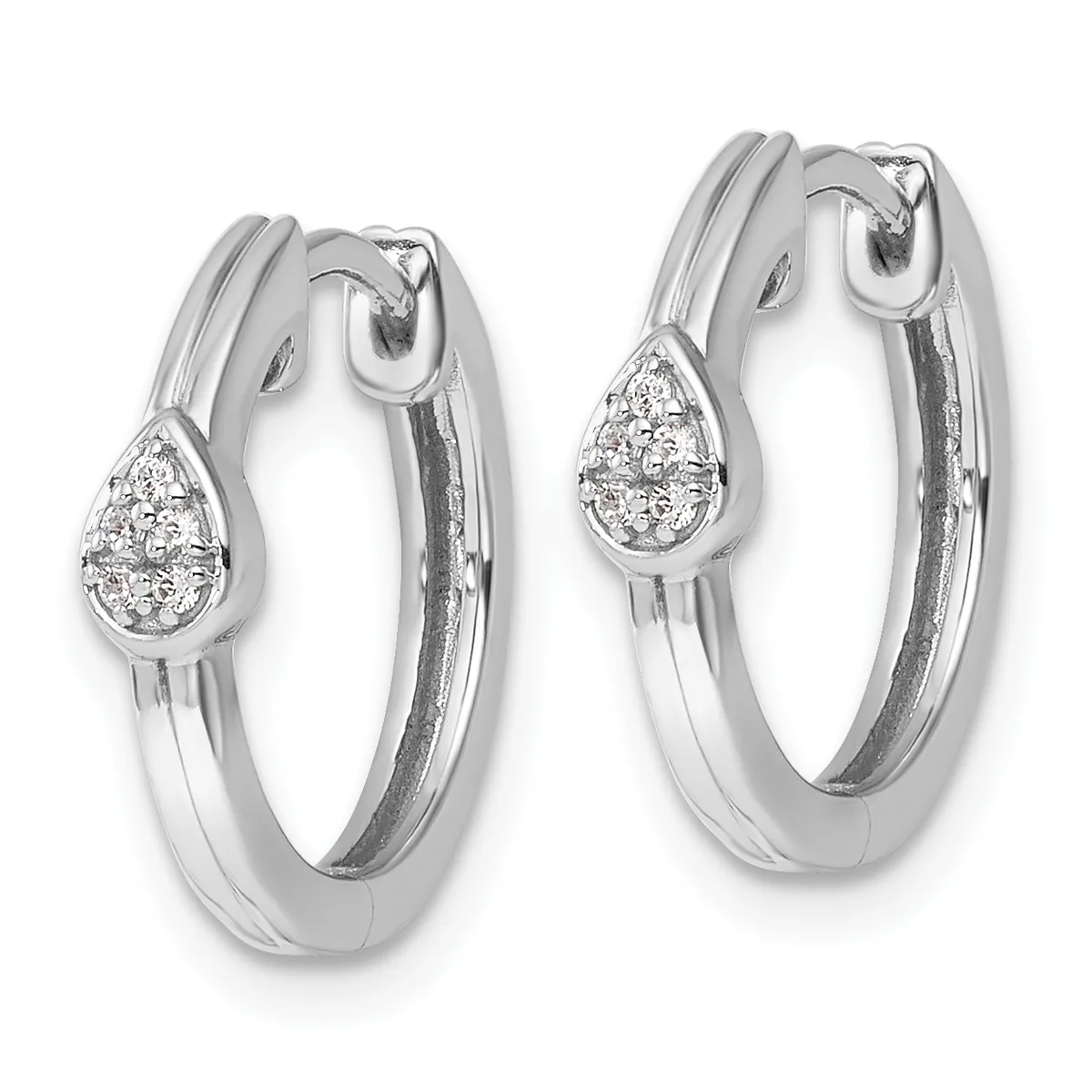 A pair of silver hoop earrings with teardrop-shaped diamond clusters attached to the front of each hoop.