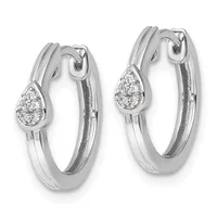 A pair of silver hoop earrings with teardrop-shaped diamond clusters attached to the front of each hoop.
