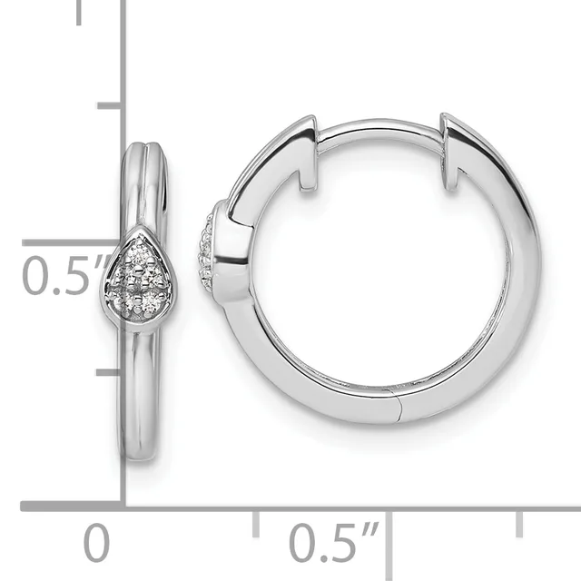 Silver hoop earrings with teardrop-shaped diamond accents, shown from front and side views with a measurement scale indicating approximately 0.5 inches in diameter.
