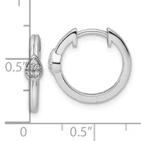 Silver hoop earrings with teardrop-shaped diamond accents, shown from front and side views with a measurement scale indicating approximately 0.5 inches in diameter.