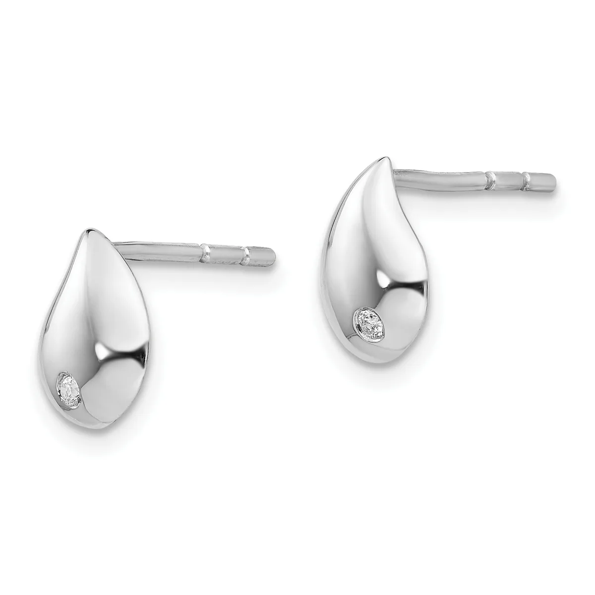 A pair of polished silver teardrop earrings with small diamond accents, shown from the front with posts and backs visible.